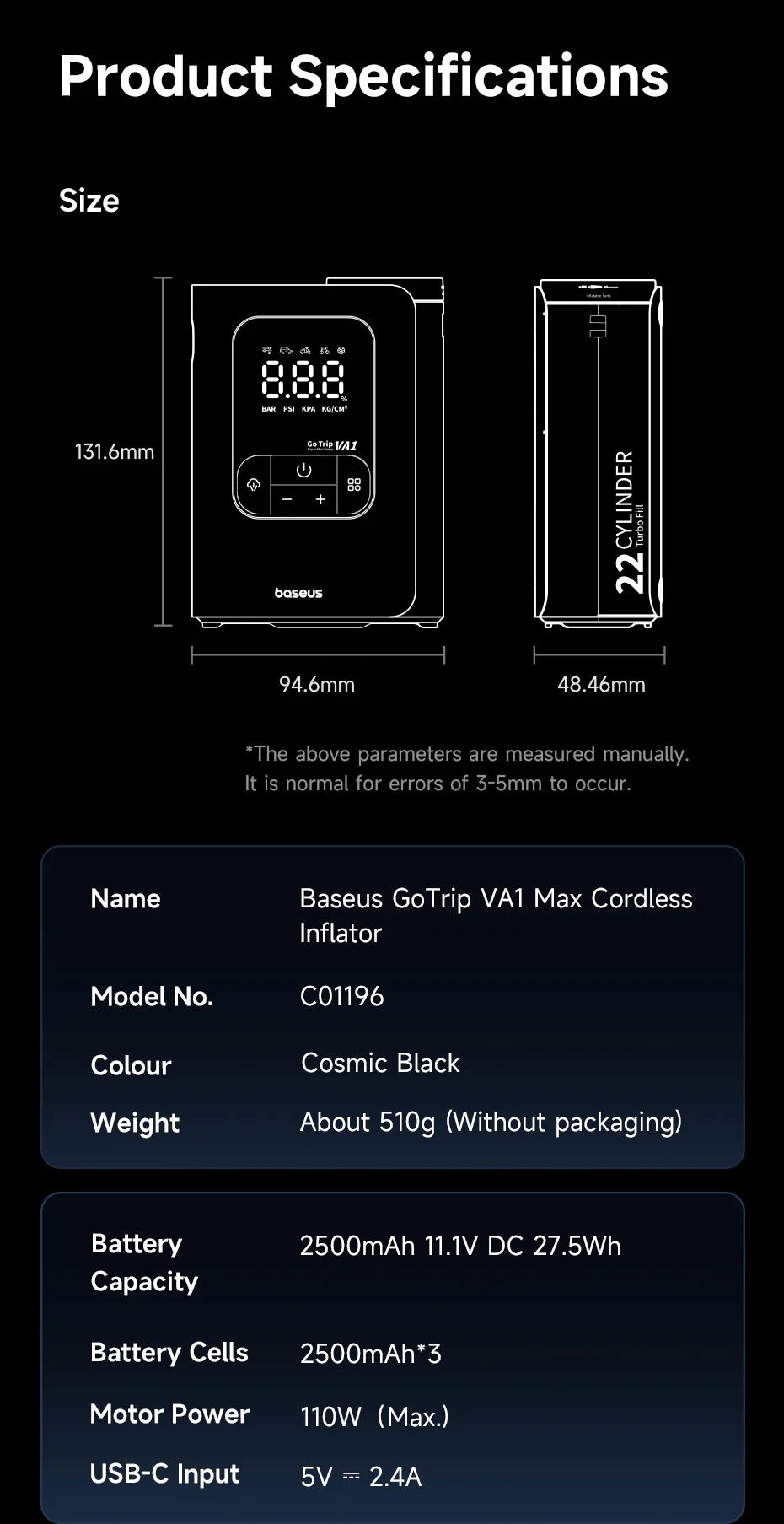 New Baseus GoTrip VA1 Pro/Max Car Air Pump 7500mAh Air Compressor Portable Tire Inflator for Motorcycle Bicycle Ball Car Pump
